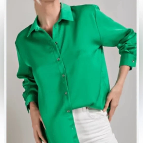 Beautiful Satin Silk Feel Shirt Solid Color Long-Sleeve Button Down - Picture 1 of 2